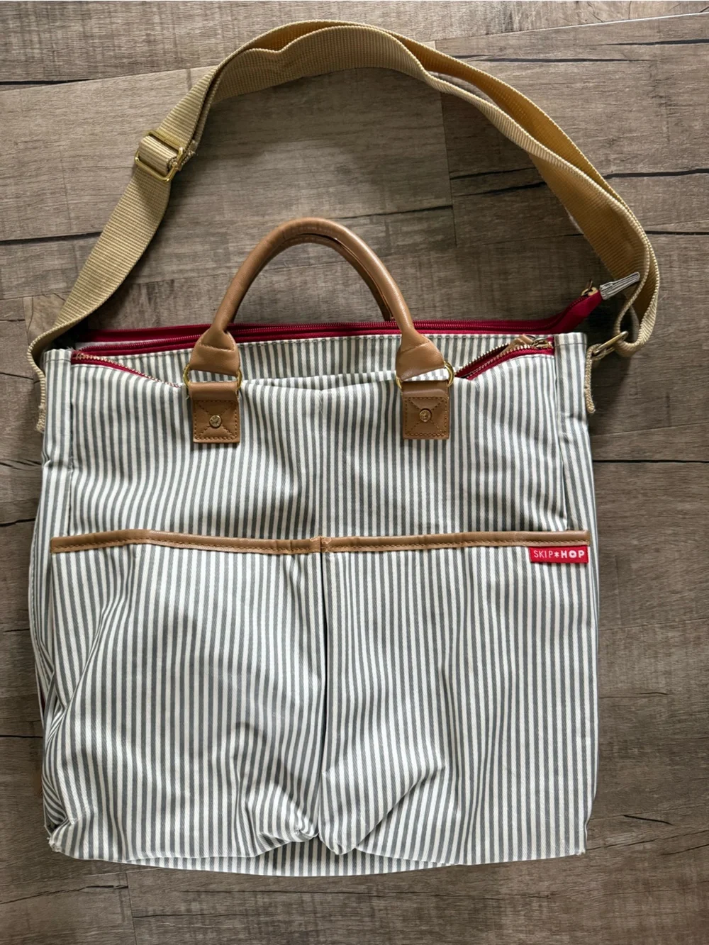 Striped Gray & White Weekender/Diaper Bag with Tan Accents